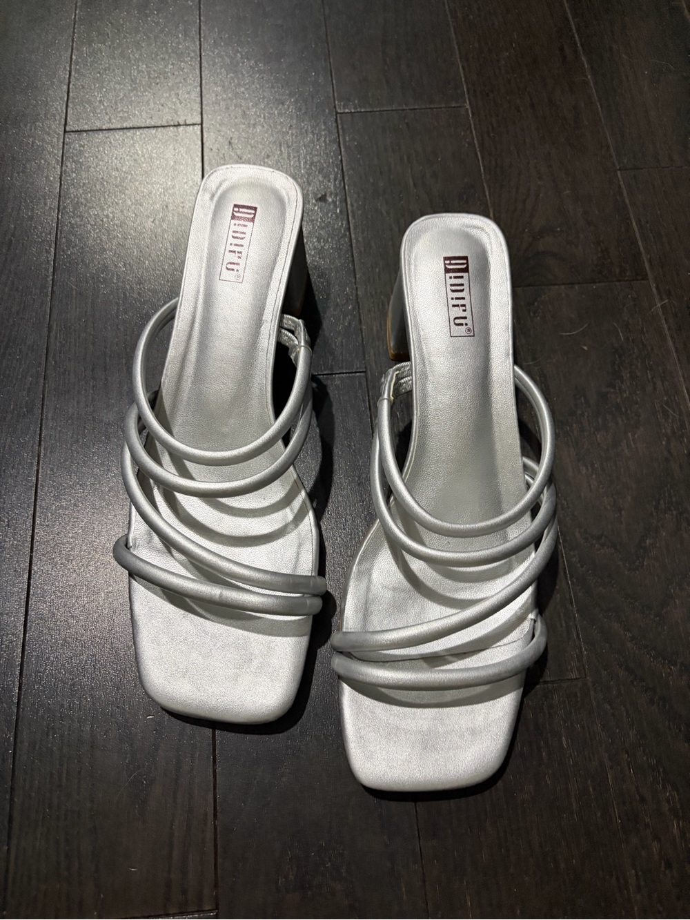 IDIFU Silver Multi-Strap Square-Toe Slide Heels